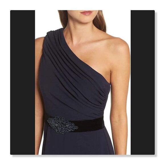 Eliza J Belted One Shoulder Fit & Flare Gown - size 8 in Blue - Picture 2 of 15